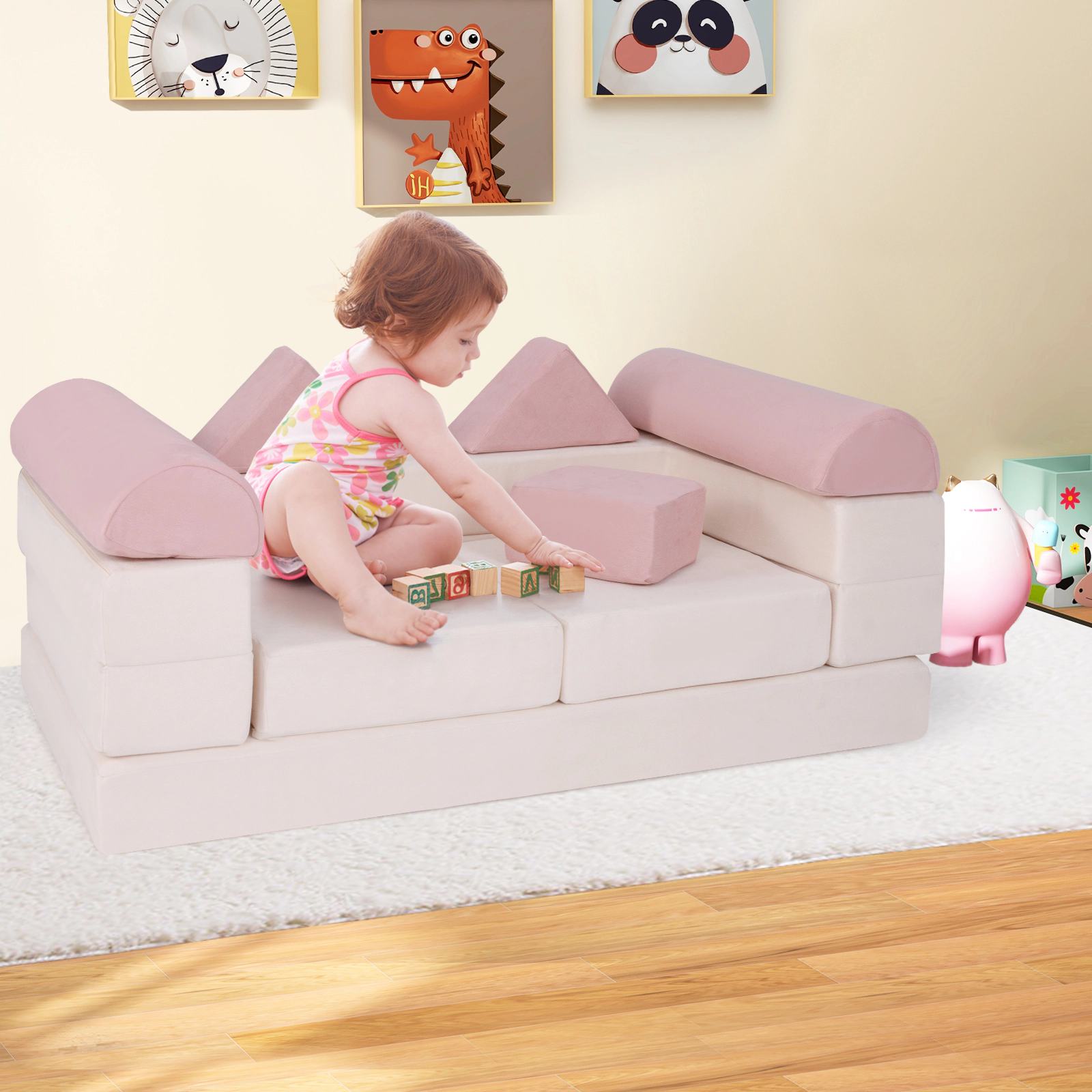 SUGIFT 9-Piece Foam Climbing Blocks Toddler Soft Play Set, Pink