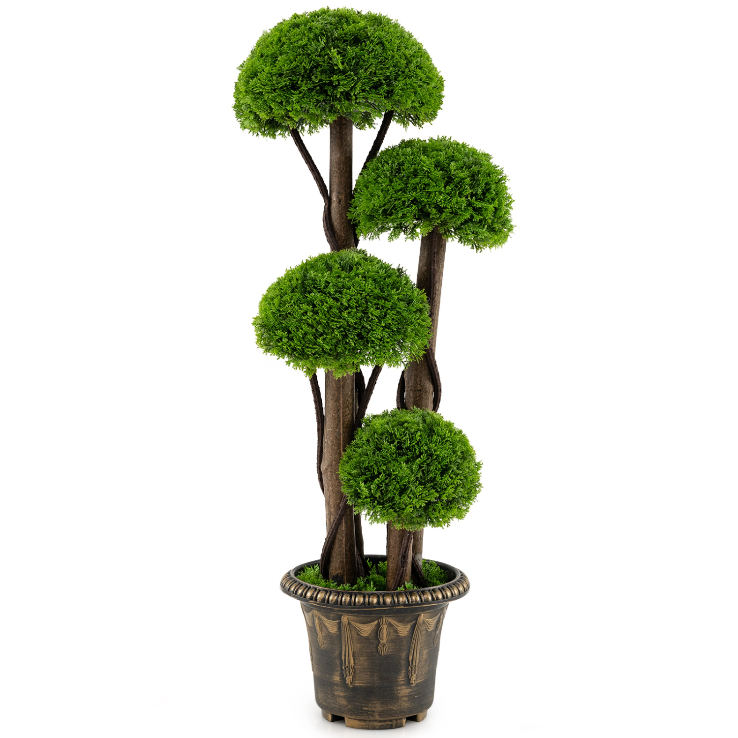 SlickBlue Artificial Cypress Topiary Tree with Wood Trunk 35in Potted Faux Greenery Plant