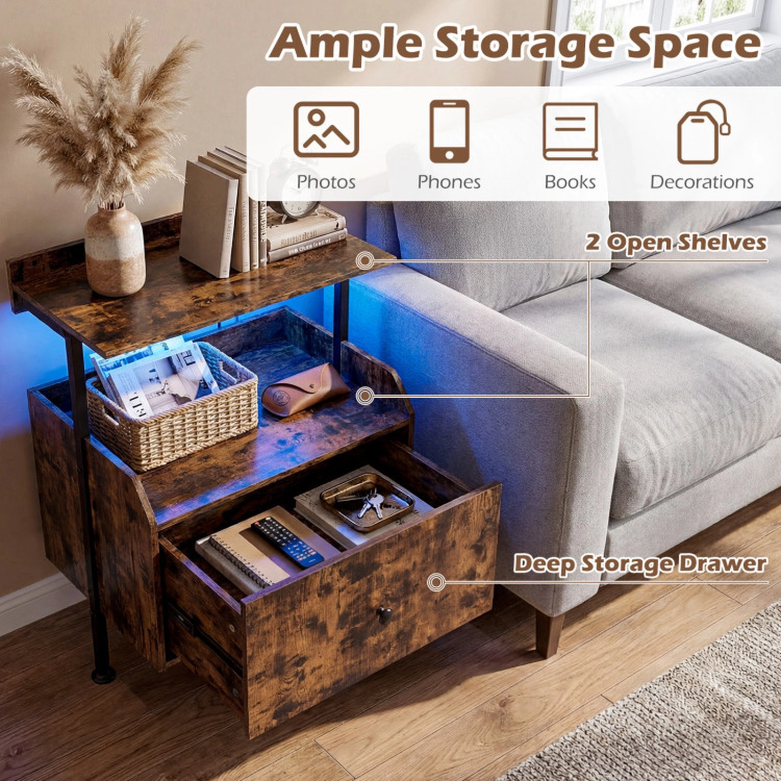 SUGIFT 29.5-Inch Rustic Brown Tall Nightstand with LED Lights, Charging Station and 2 Shelves