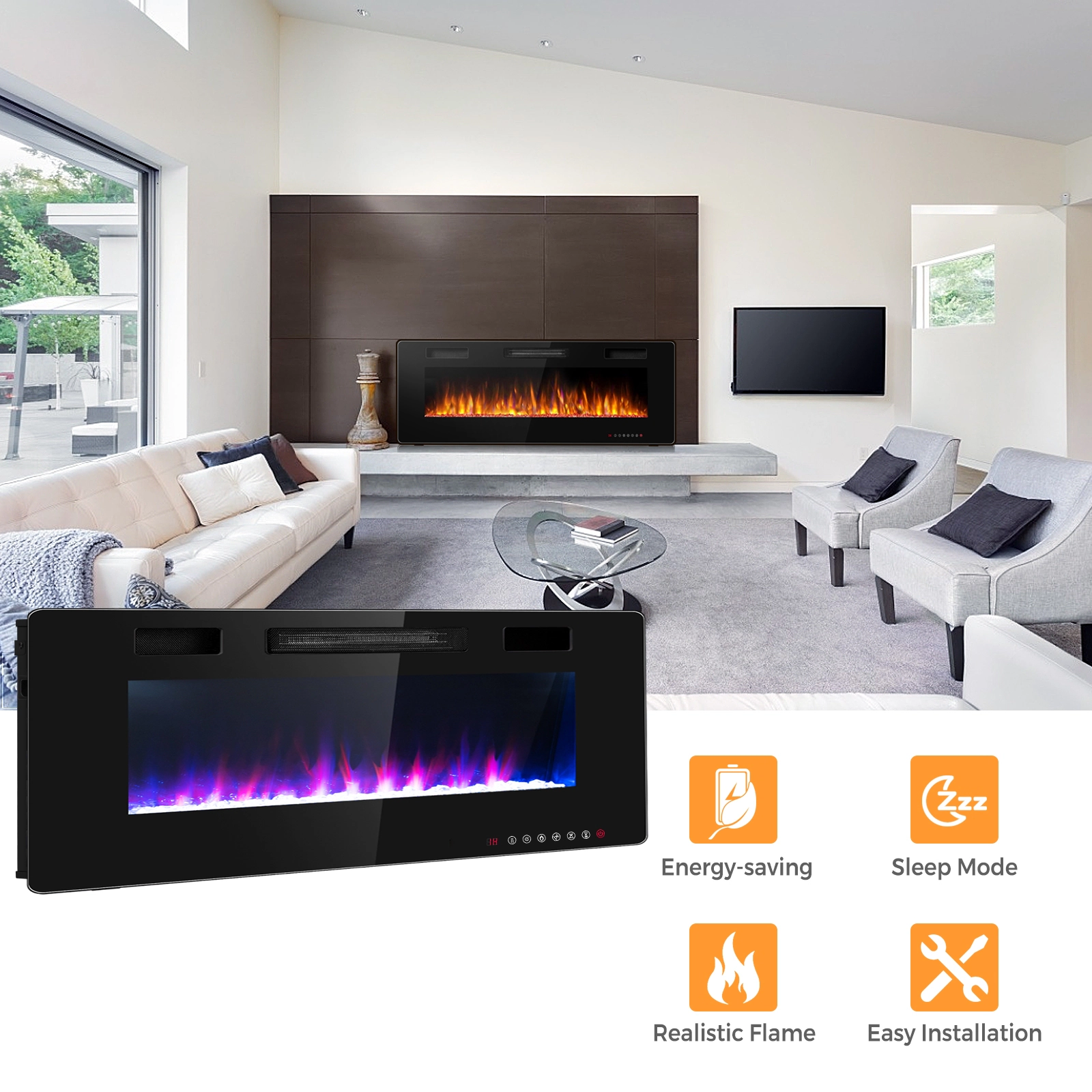 SlickBlue 60 Inch Wall Mount Electric Fireplace with Crystals, 12 Flame Colors