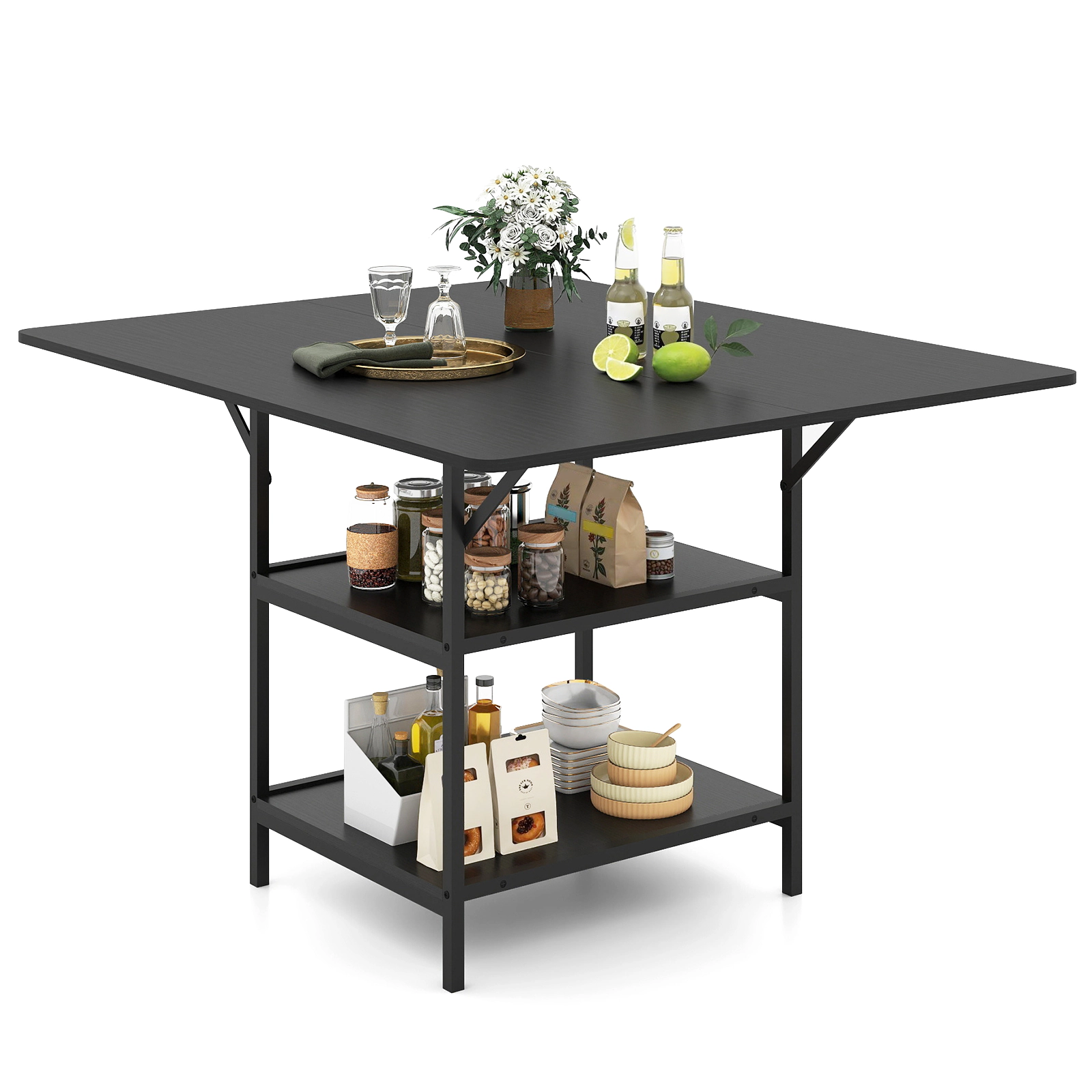 LJG 47 Inch Rectangular Dining Table with 2 Open Storage Shelves and Sturdy Metal Legs for 4-6-Black Costway3