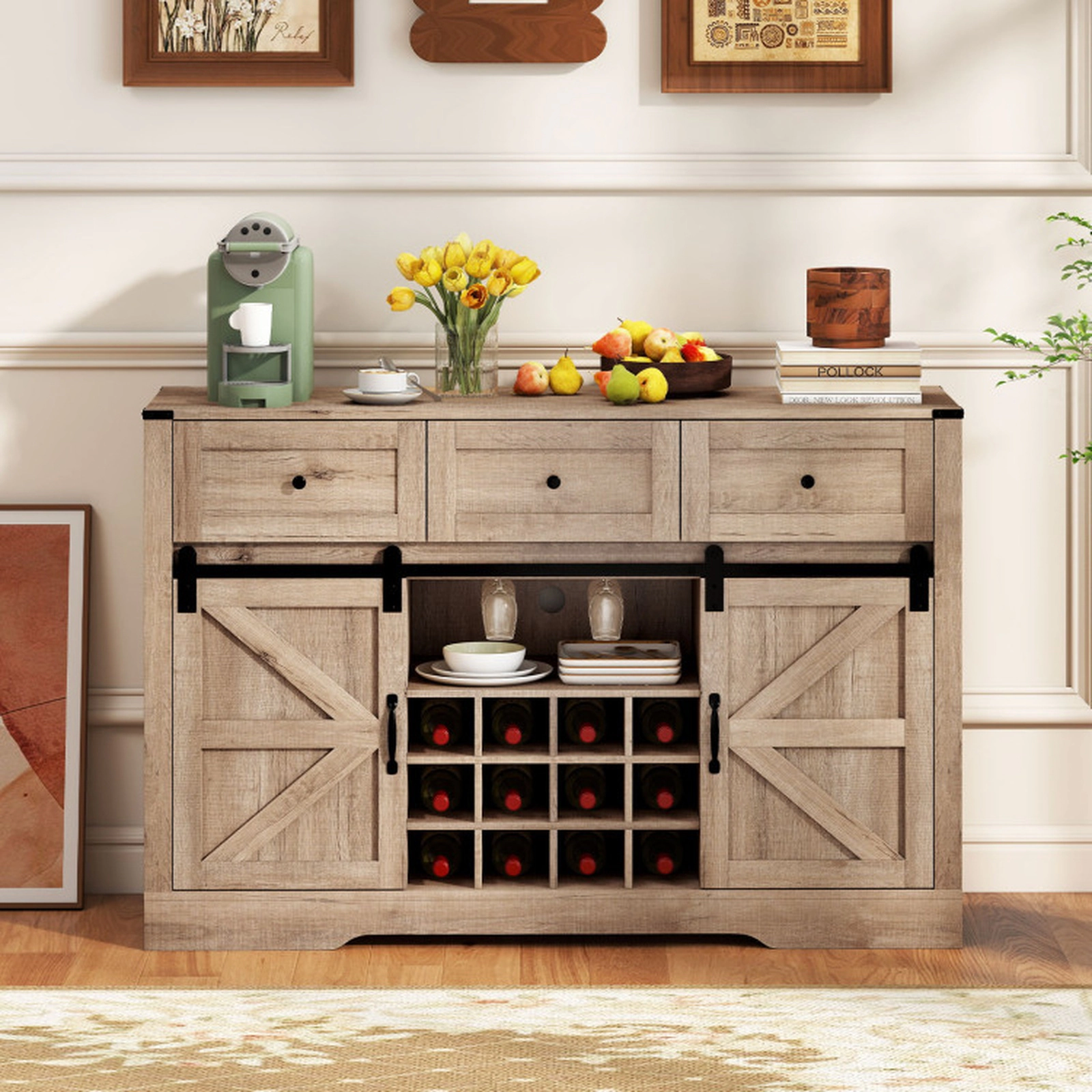 SUGIFT 52-in 240-lb Shelf Wine and Liquor Cabinet with LED Lights Remote Control and Sliding Barn Doors
