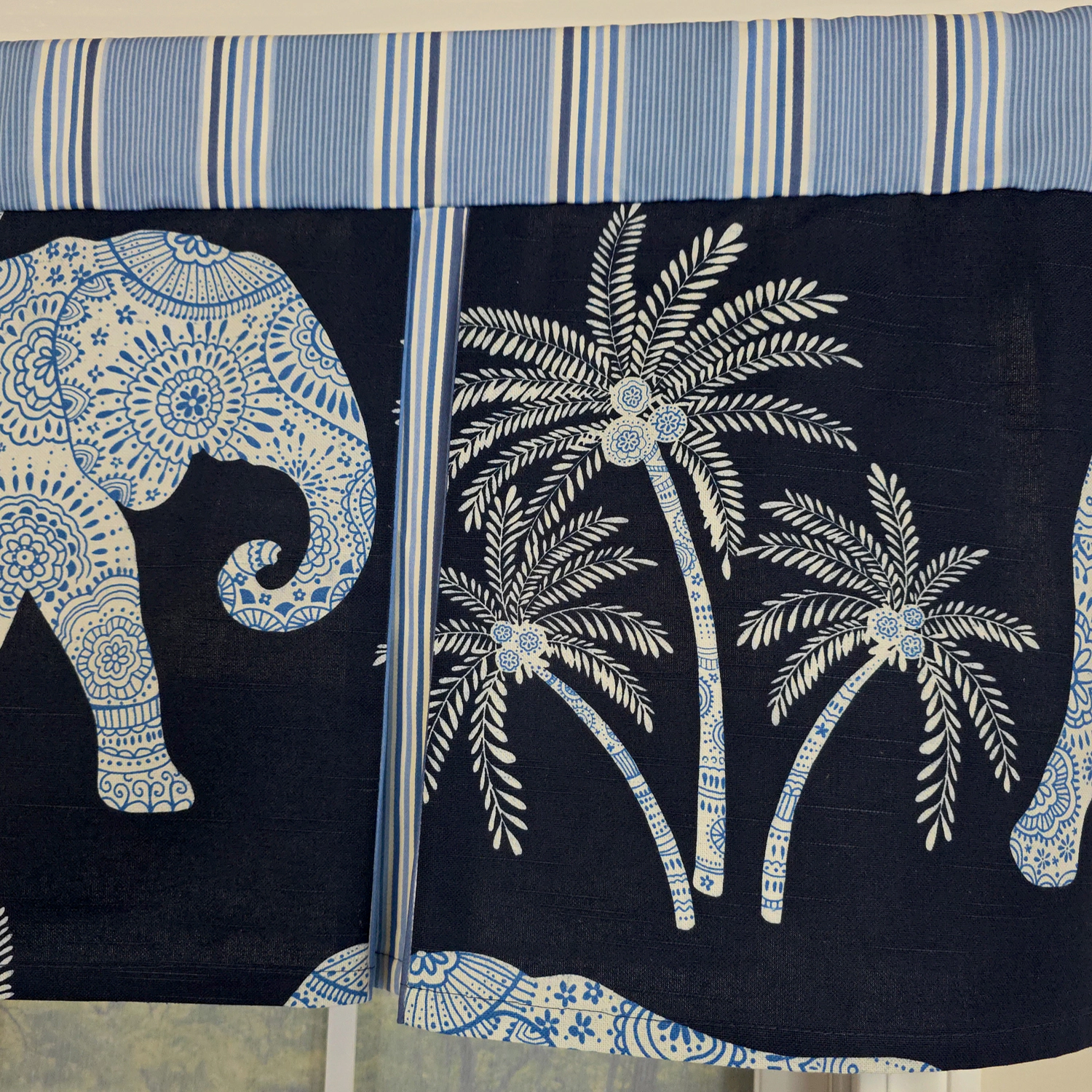 RLF Home 100% Cotton White Elephant Pleated  Unlined Windows Rod Pocket Valance 50" x 17"  Blue