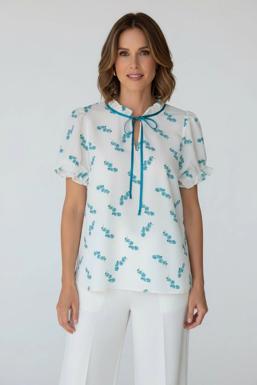DressAtR Women's Satin Lace Ruffle Neck Puff Sleeve Blue Floral Blouse