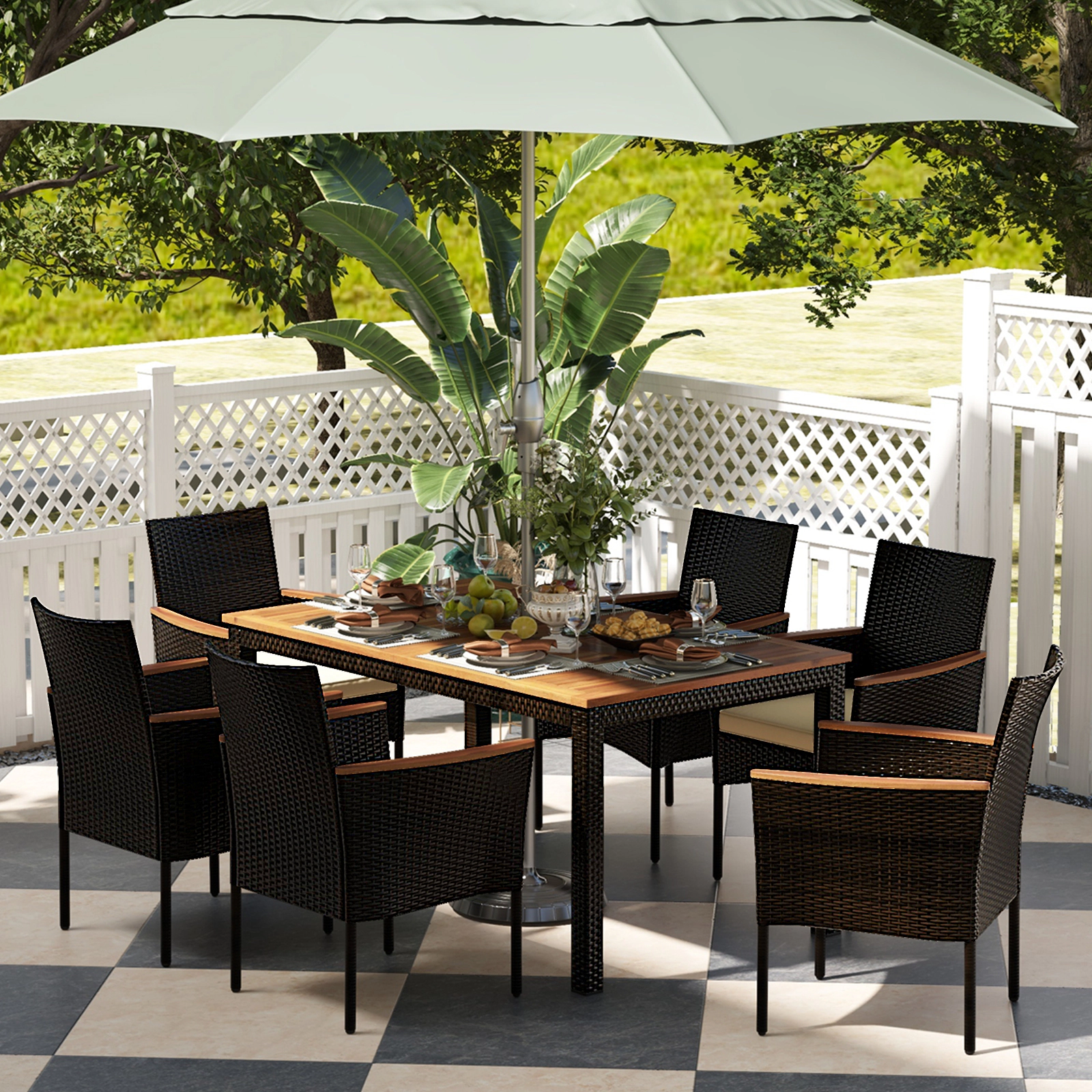 LJG 7 Pieces Rattan Patio Dining Set with Stackable Chairs and Umbrella Hole