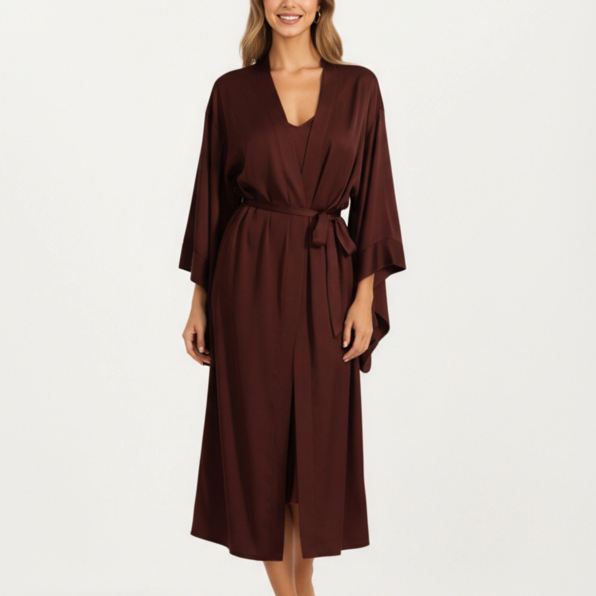 Anna-Kaci Women's Satin Mid-Length Robe with Waist Tie and Wide Sleeves