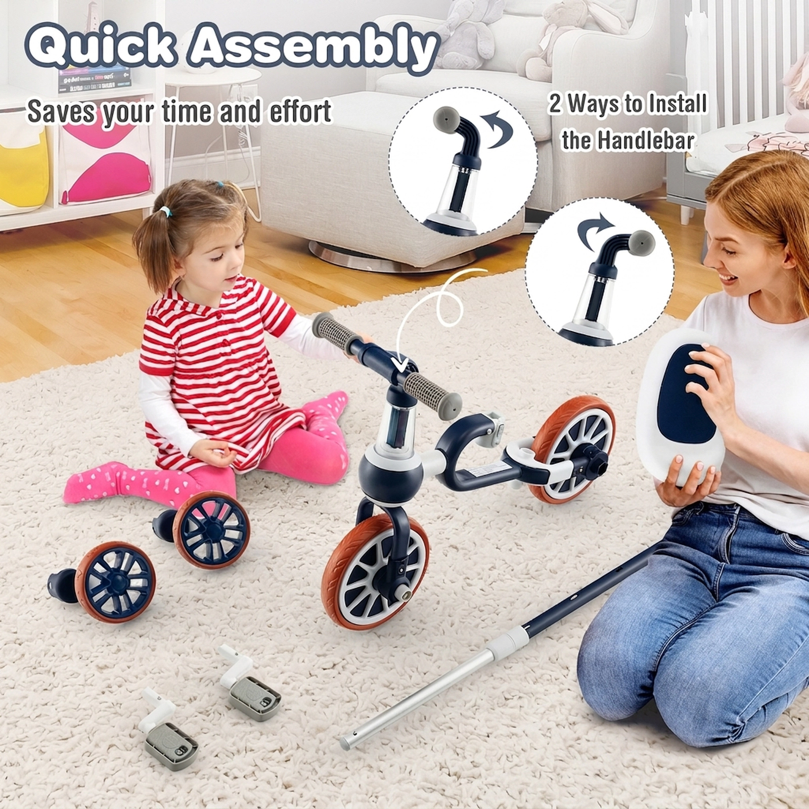 4-in-1 Kids Trike Adjustable Parent Push Handle Detachable Pedals Training Wheels Toddler Balance Bike Ages 2-4 Navy