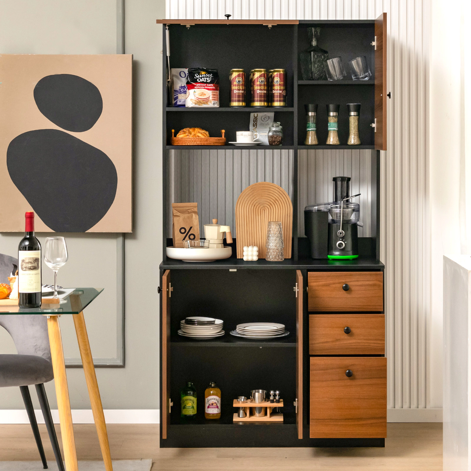 SUGIFT 71-in 3 Cabinets 3 Deep Drawers Adjustable Shelves Kitchen Pantry Cabinet 37-in x 19-in 110-lb Capacity Black