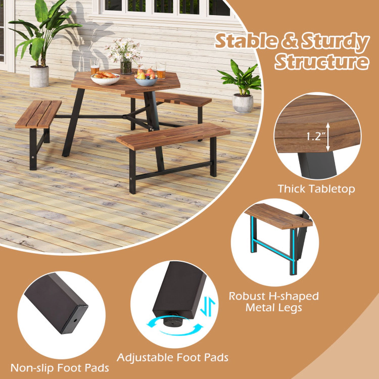 Hivvago 6 Person Acacia Wood Picnic Table Bench Set With 3 Seats