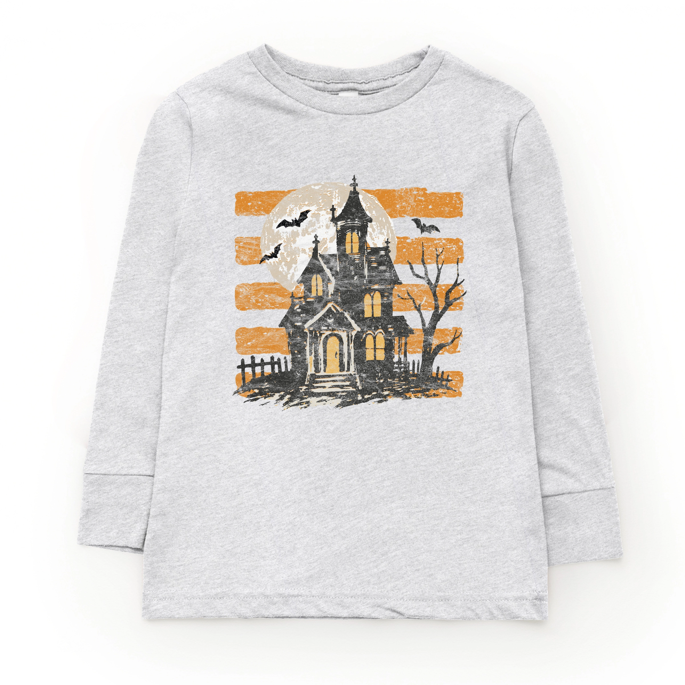 The Juniper Shop - Youth Long Sleeve Graphic T-Shirt Haunted House Orange Stripes