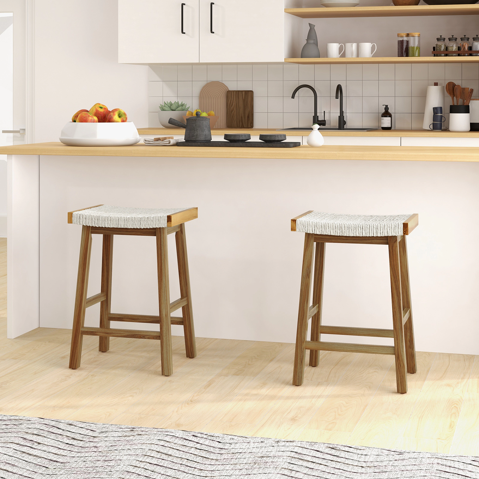 Glintex 2-Piece 25.5-Inch Backless Counter Stool Set with Seaweed Woven Seat, Natural Beige