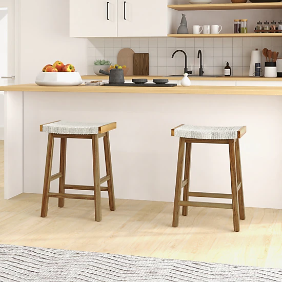 Glintex 2-Piece 25.5-Inch Backless Counter Stool Set with Seaweed Woven Seat, Natural Beige