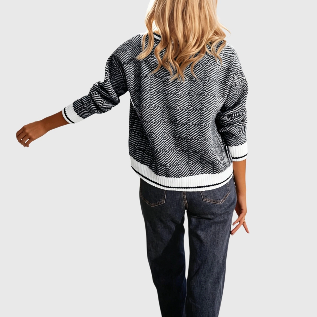 YesFashion Women's Fall Checkered Sweaters Lapel V Neck Knit Color Block Cozy Pullovers
