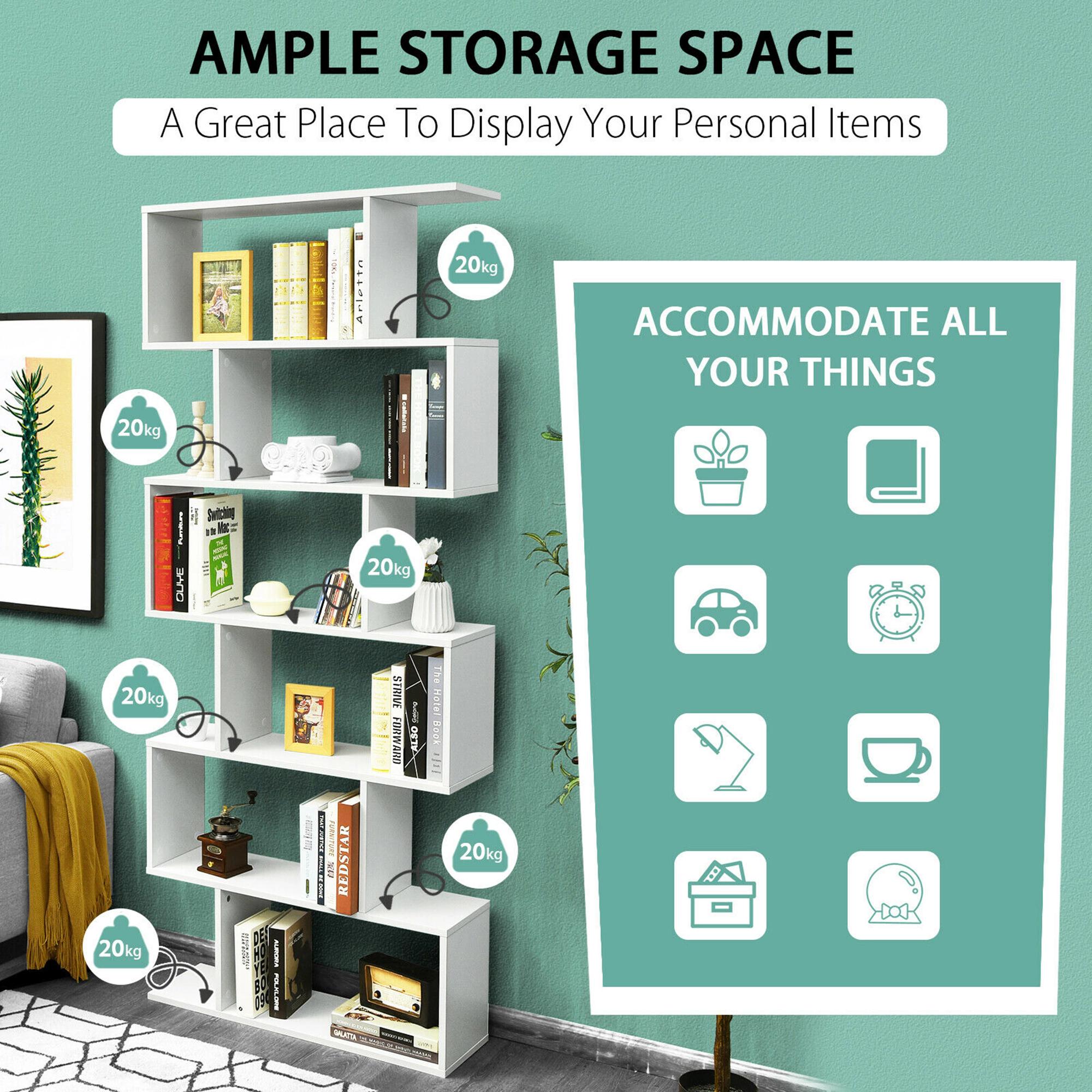 Costway 2 PCS 6 Tier S-Shaped Bookshelf Storage Display Bookcase Z-Shelf White
