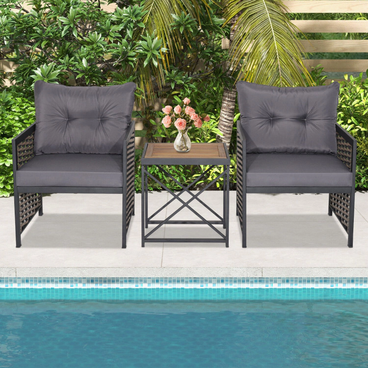 Hivvago 3 Pieces Patio Rattan Furniture Set With Acacia Wood Tabletop