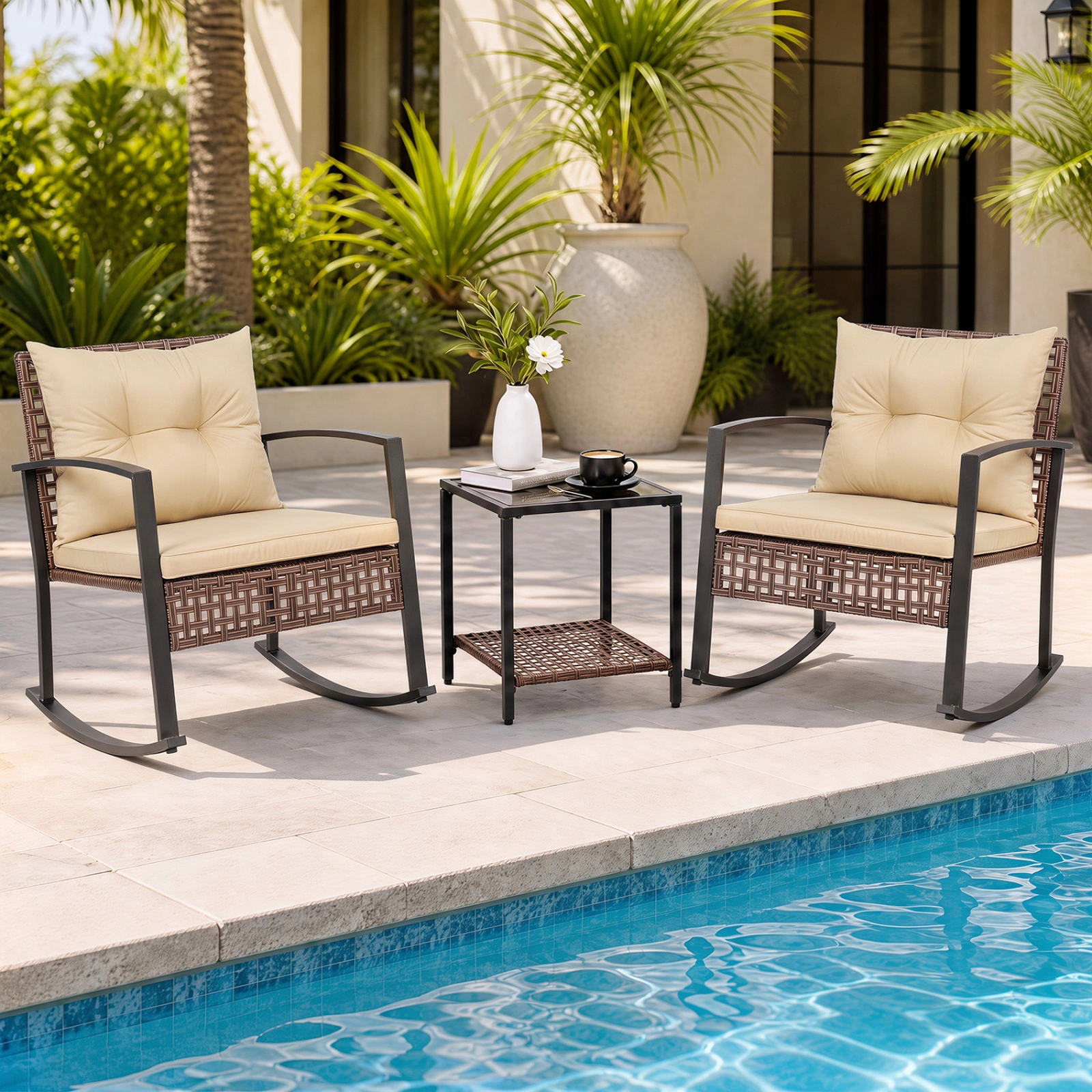 SUGIFT Brown Coffee Table and Thick Cushions 3-Piece Outdoor Wicker Rocking Chair Set