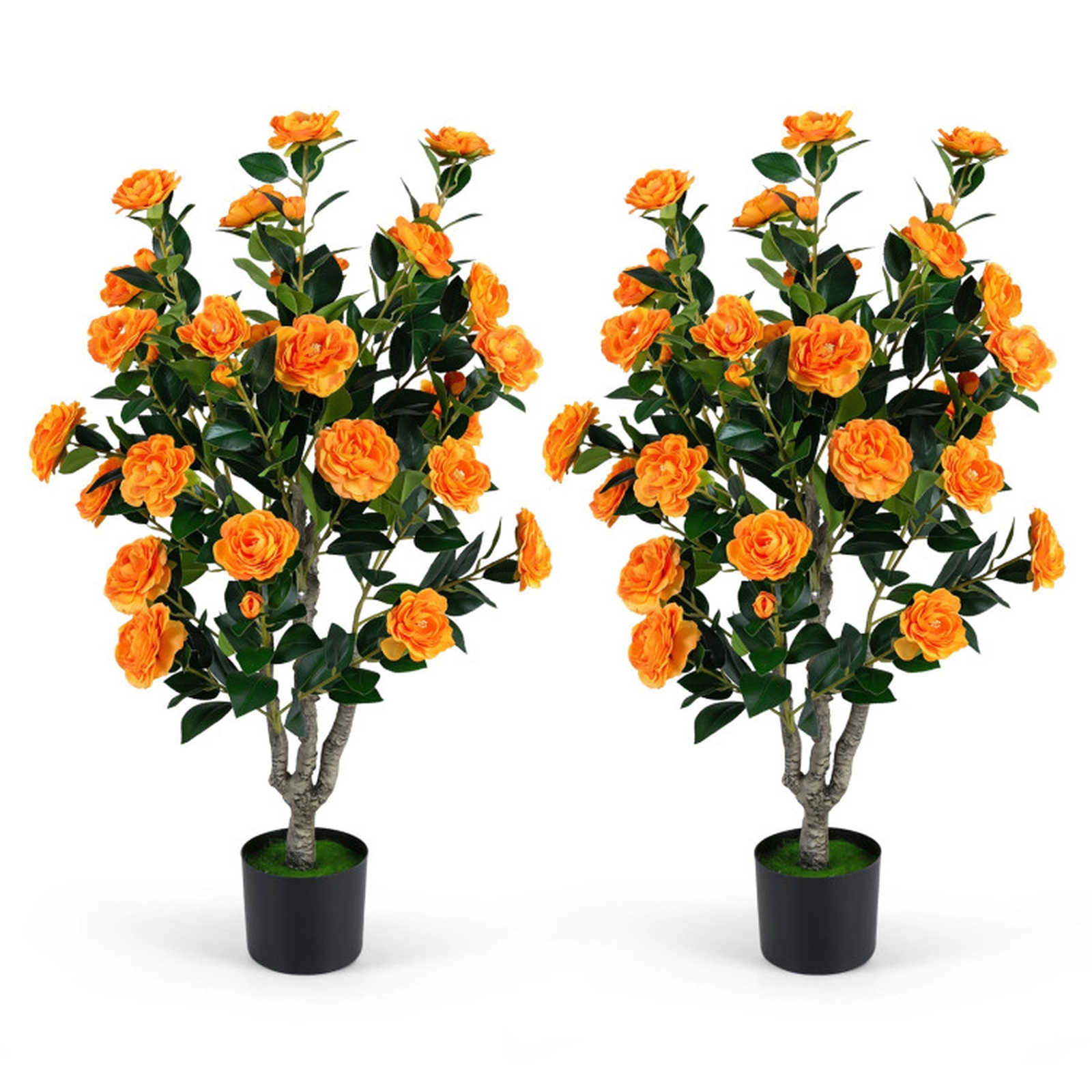 SUGIFT Set of 2 39.5-in Silk Blossoms Shapeable Branches Artificial Camellia Trees 6-in x 5-in Pot 13-lb Orange