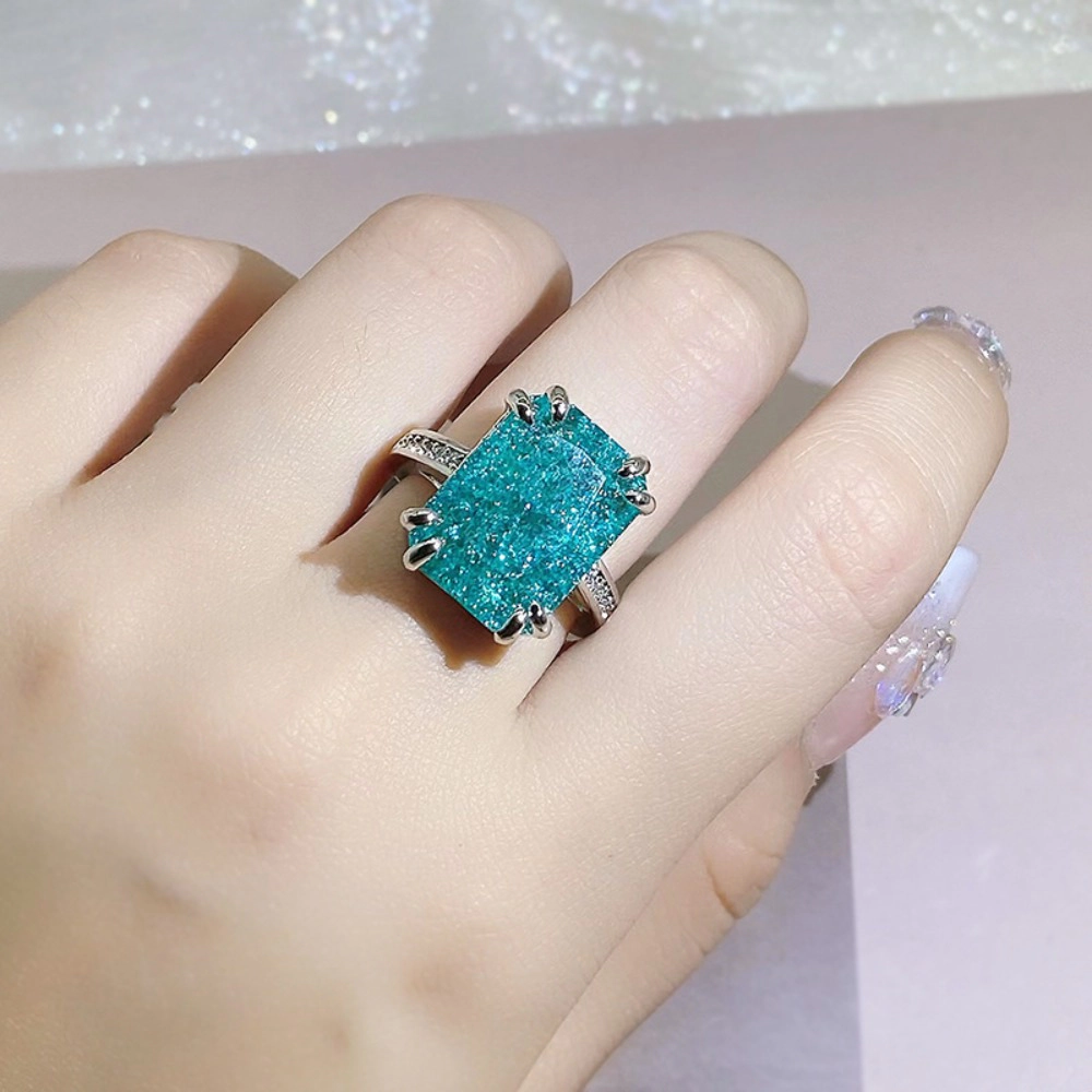 Rectangle Paraiba‑Inspired Turquoise Cubic Zirconia Statement Ring