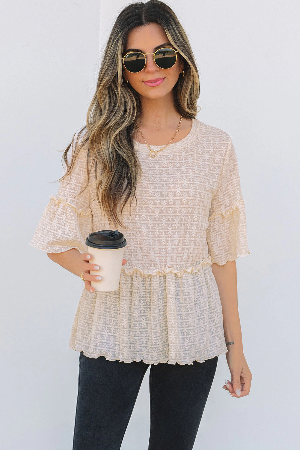 Threaded Pear Women's Oaklyn Textured Ruffled Short Sleeve Blouse