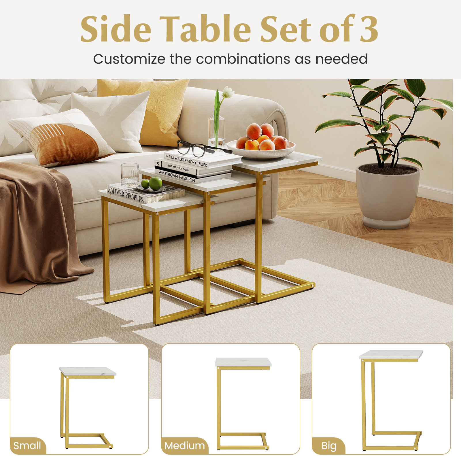 SUGIFT 3-Piece Stackable C-Shaped Coffee and End Table Set 44-lb Capacity MDF and Steel Frame 20-in Large White