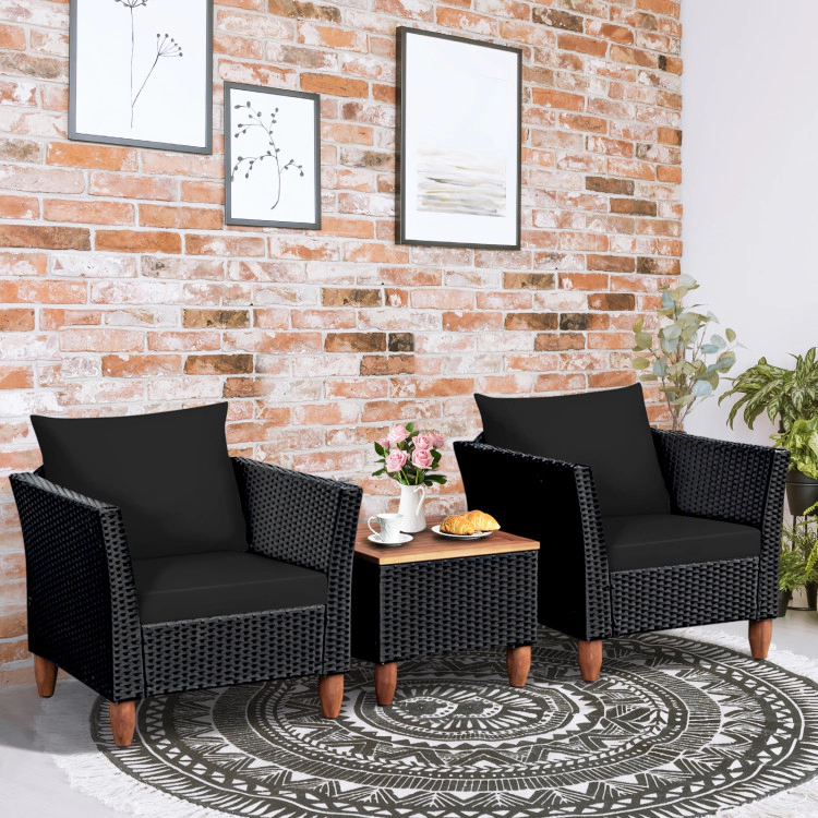 Hivvago 3 Pieces Outdoor Patio Wicker Furniture Set With Cushions And Acacia Wood Coffee Table