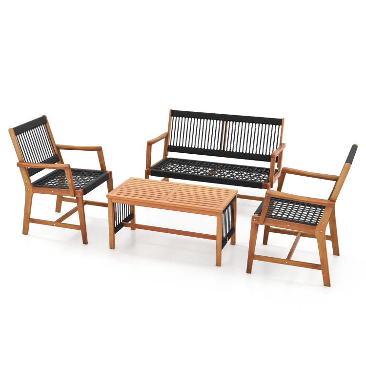 Hivvago 4 Pieces Acacia Wood Patio Conversation Table And Chair Set With Hand Woven Rope
