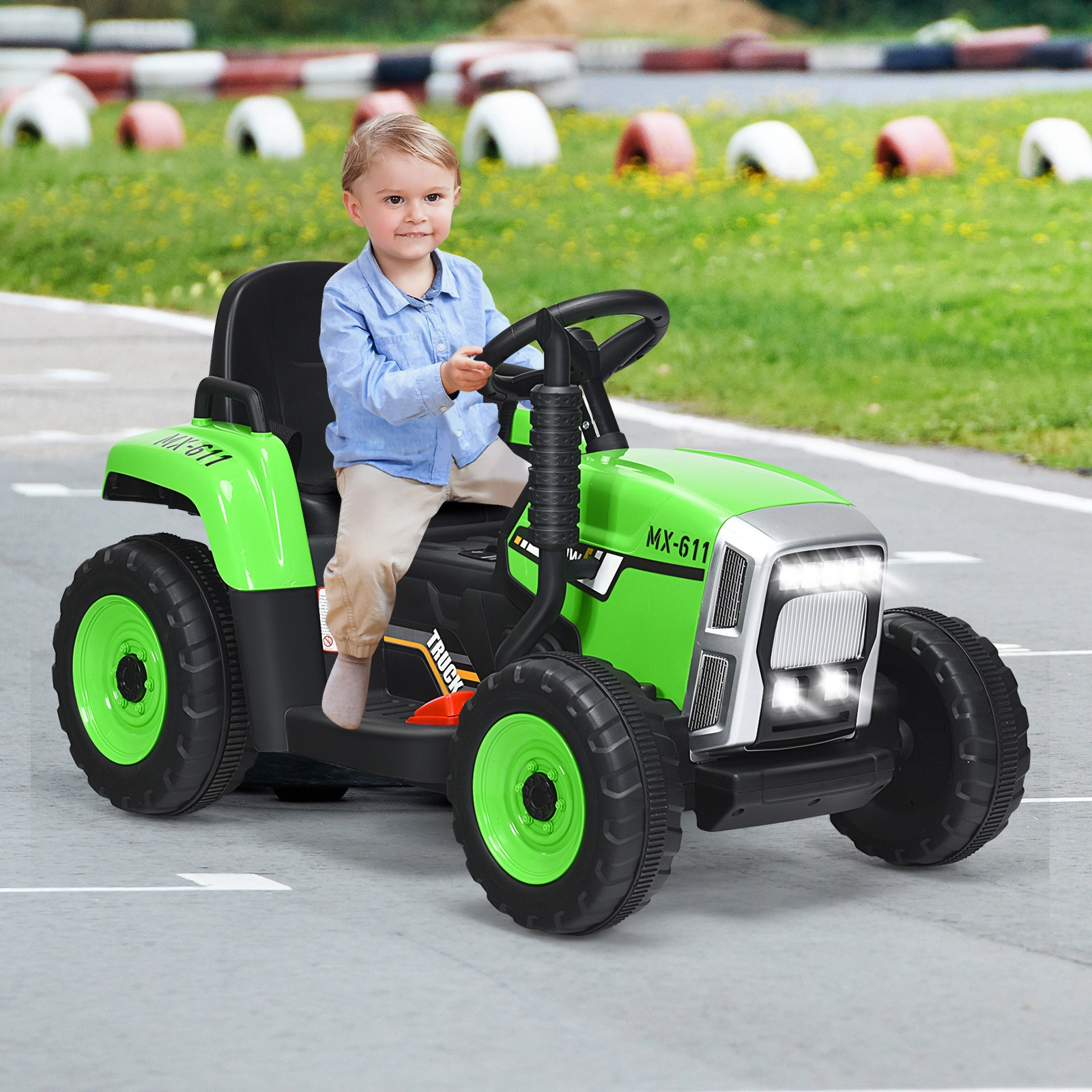 12V Kids Ride on Tractor Detachable Trailer 3-Gear Shift Handle 2.4G Remote LED Lights Ages 3+ 66-lb Capacity