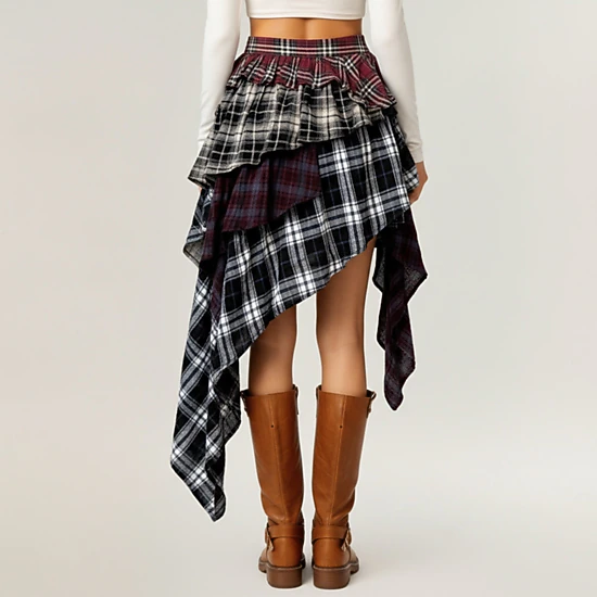 Anna-Kaci Womens Asymmetric Plaid Layered Ruffle Mini Skirt
