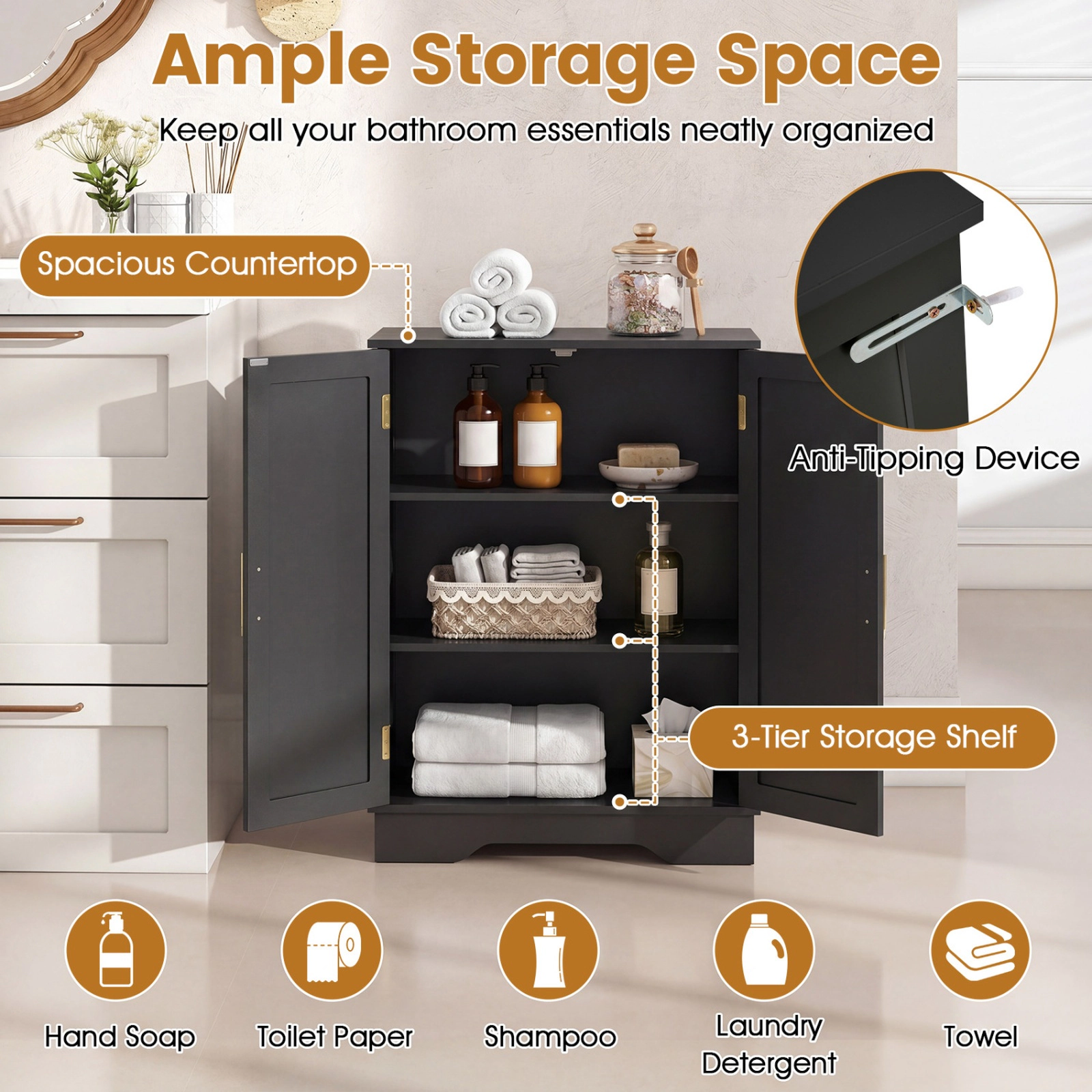 SUGIFT 2-Door 3-Tier Adjustable Shelves Bathroom Floor Storage Cabinet 23.5-in x 12-in x 31.5-in 44-lb Top Black