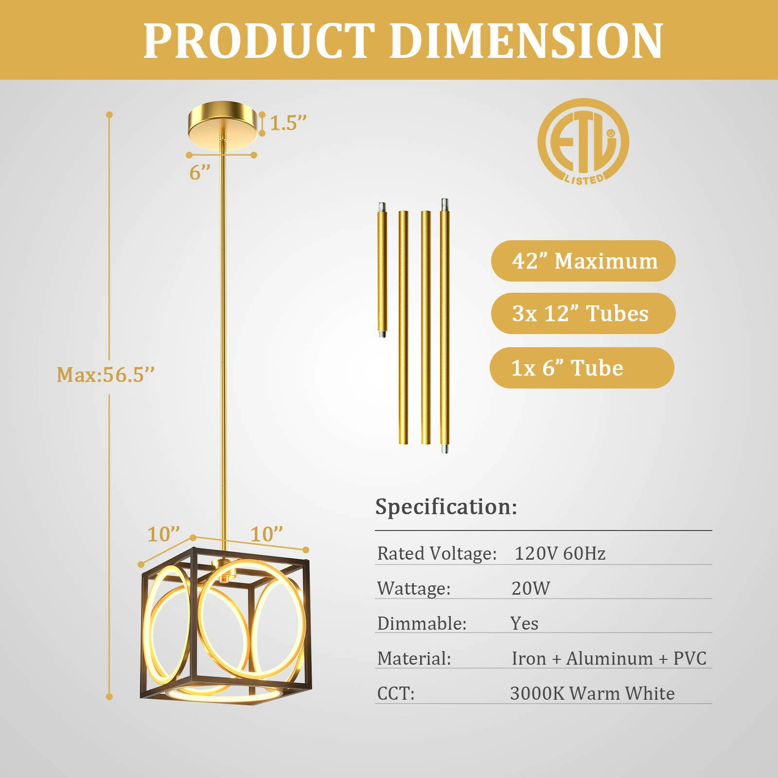 SUGIFT 42-in Adjustable Rod Dimmable 3000K Warm White LED Cube Pendant Light Fixture 10-in x 10-in 20W Golden