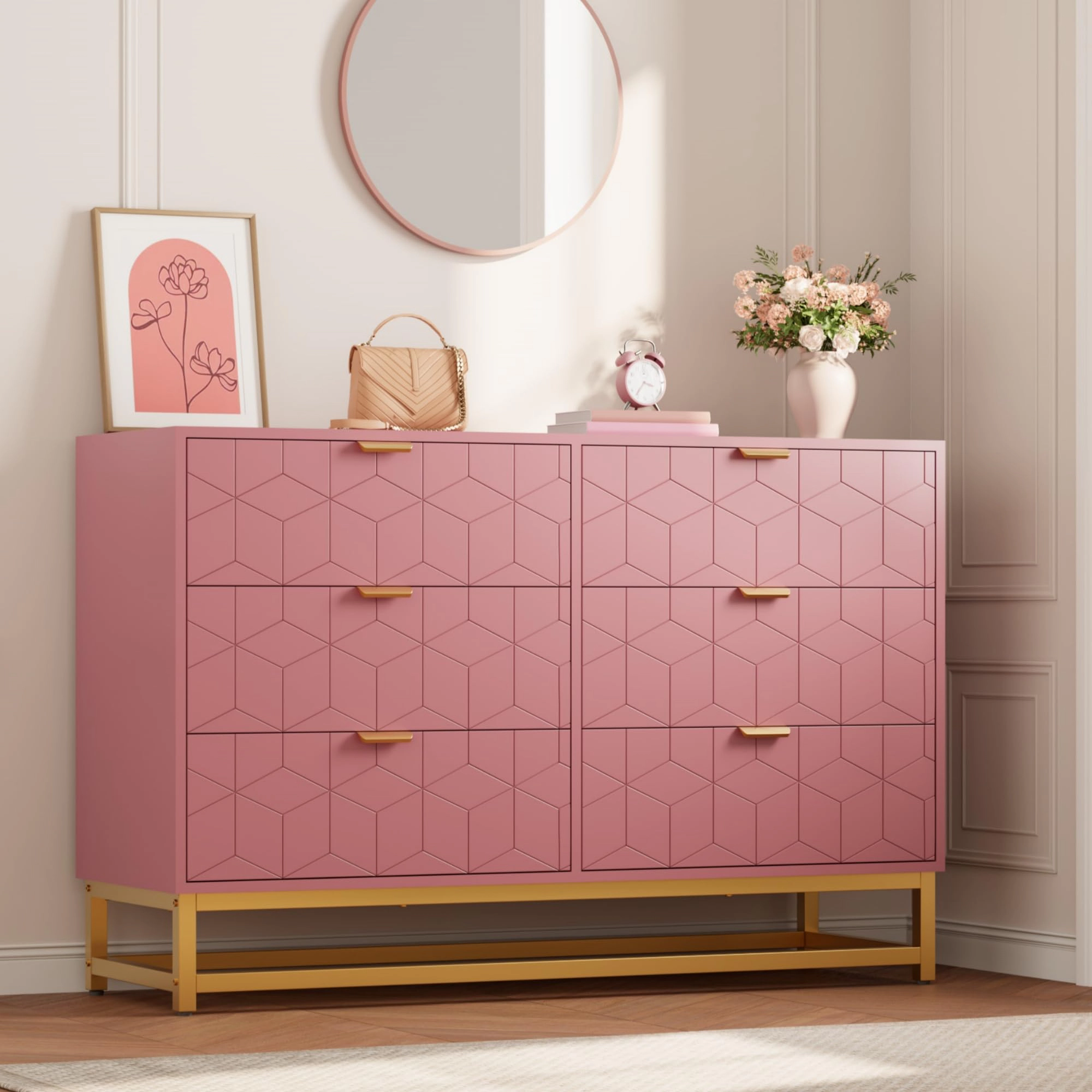 Modern 6 Drawer Double Dresser with Gold Handles, Wide Storage Chest & TV Stand for Bedroom Living Room