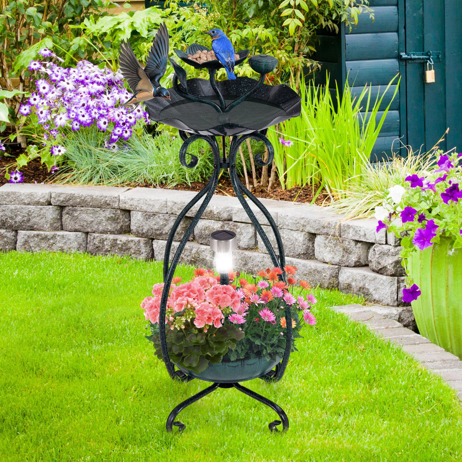 SlickBlue Standing Metal Birdbath with Solar Lights and Lotus Leaf Bowl