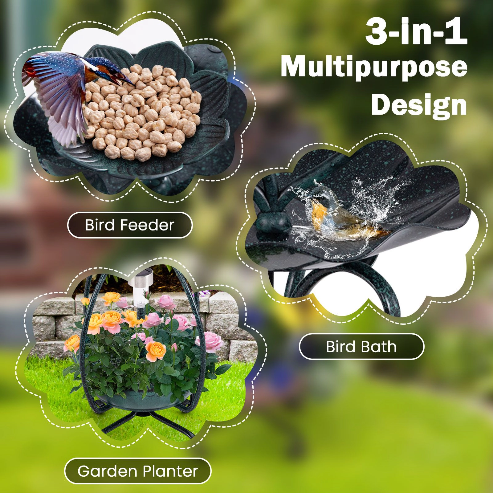 SlickBlue Standing Metal Birdbath with Solar Lights and Lotus Leaf Bowl