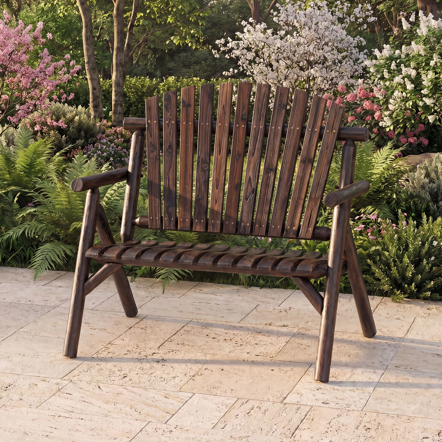 LJG 2-Person Log Wood Patio Bench with Slatted Backrest for Deck Backyard