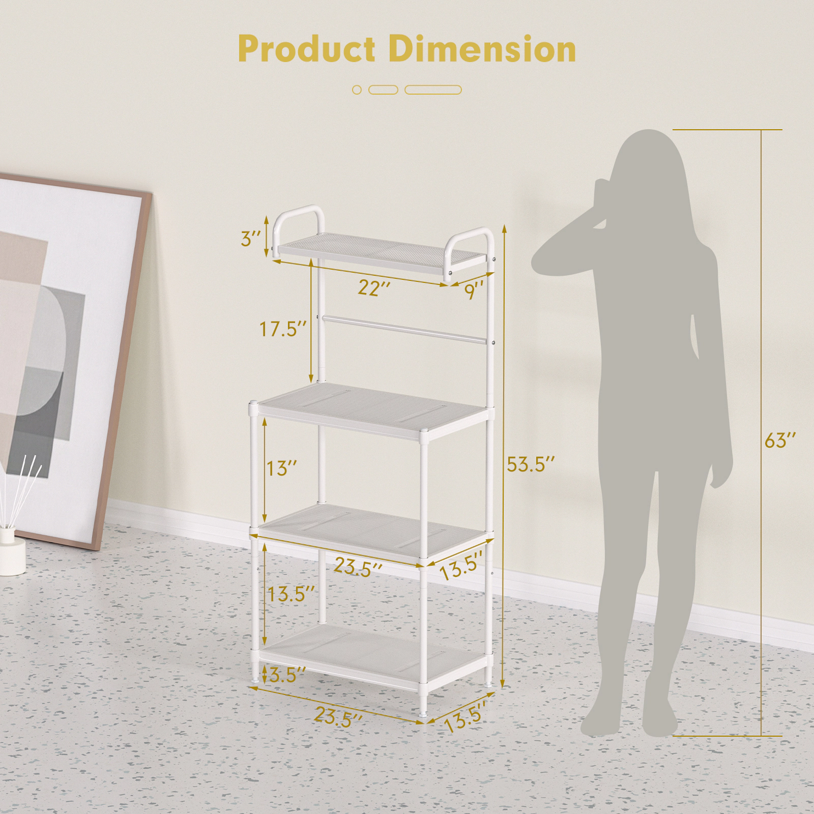 SUGIFT 4-Tier Kitchen Storage Baker Rack White with Mesh Wire Shelves and Hanging Bar