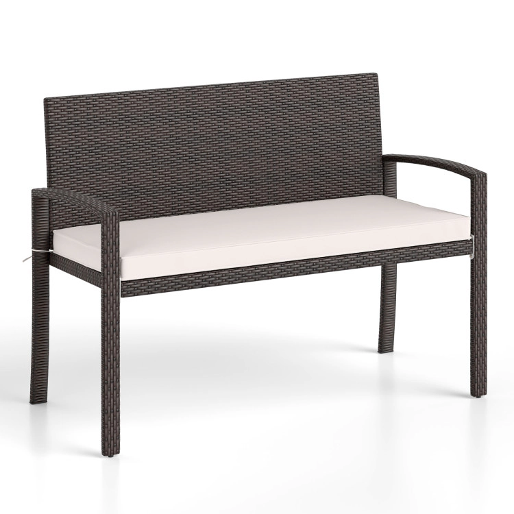 Hivvago Wicker 2-Seat Bench with Soft Seat Cushion and Metal Frame-White