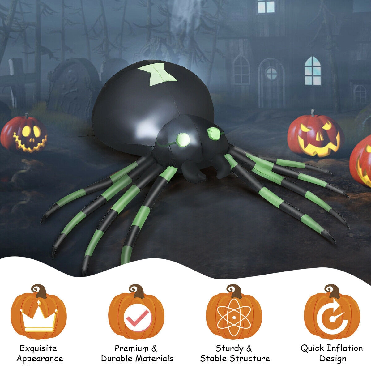 Glintex 6-Ft Halloween Inflatable Spider with LED Bulb and Ground Stakes, Black