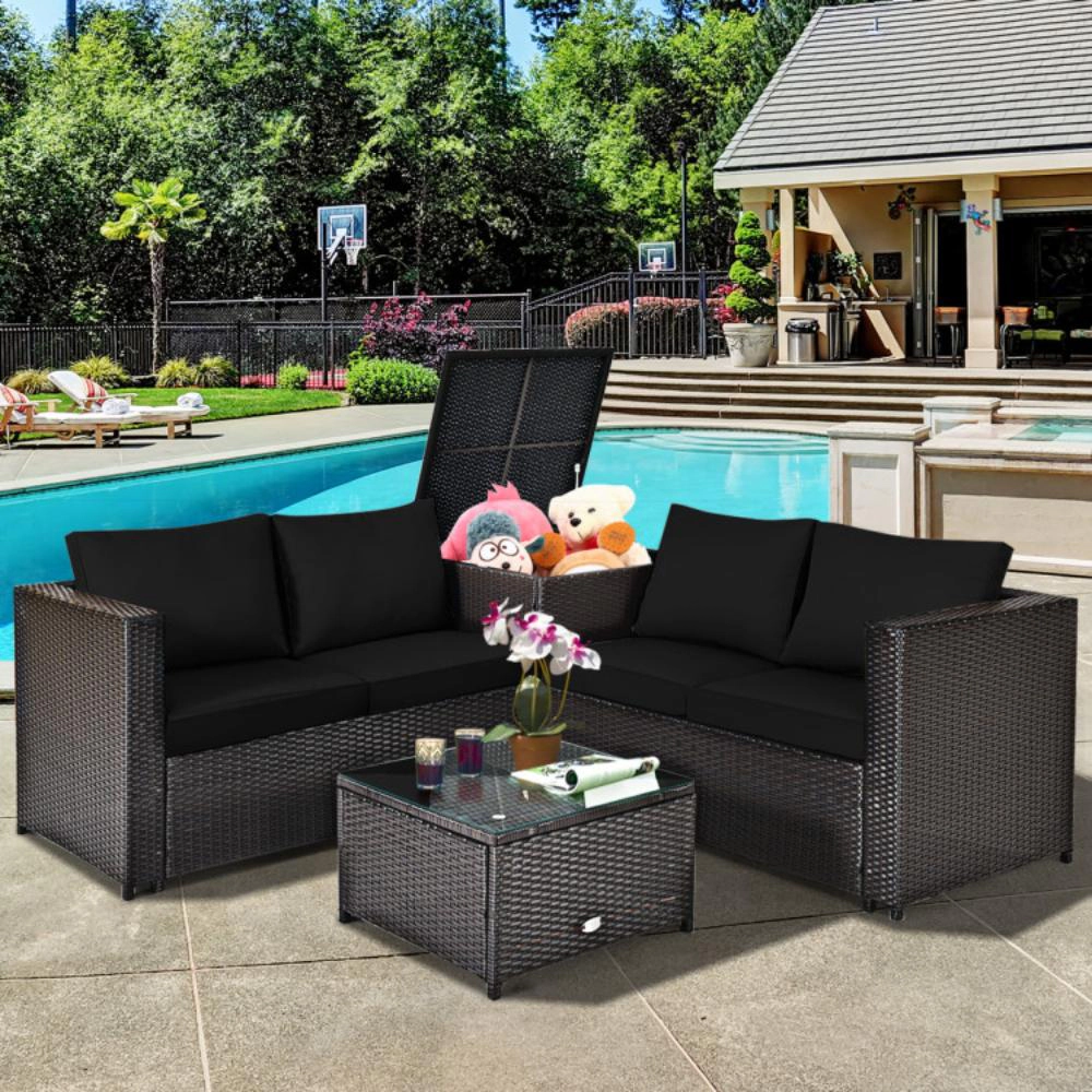 Hivvago 4 Pieces Outdoor Patio Rattan Furniture Set With Loveseat And Storage Box