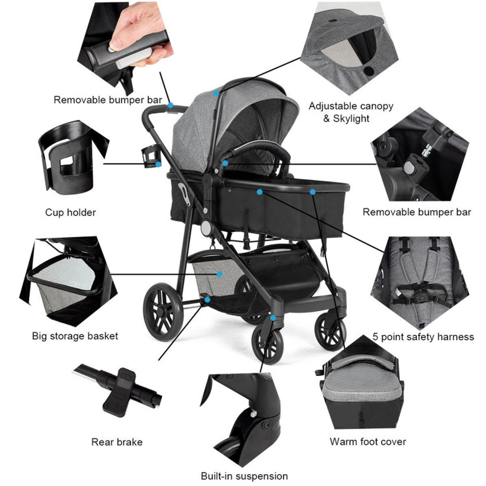 SUGIFT Gray 2-in-1 33-lb Capacity Foldable Baby Stroller Pushchair with Reversible Seat and Sleeping Cushion