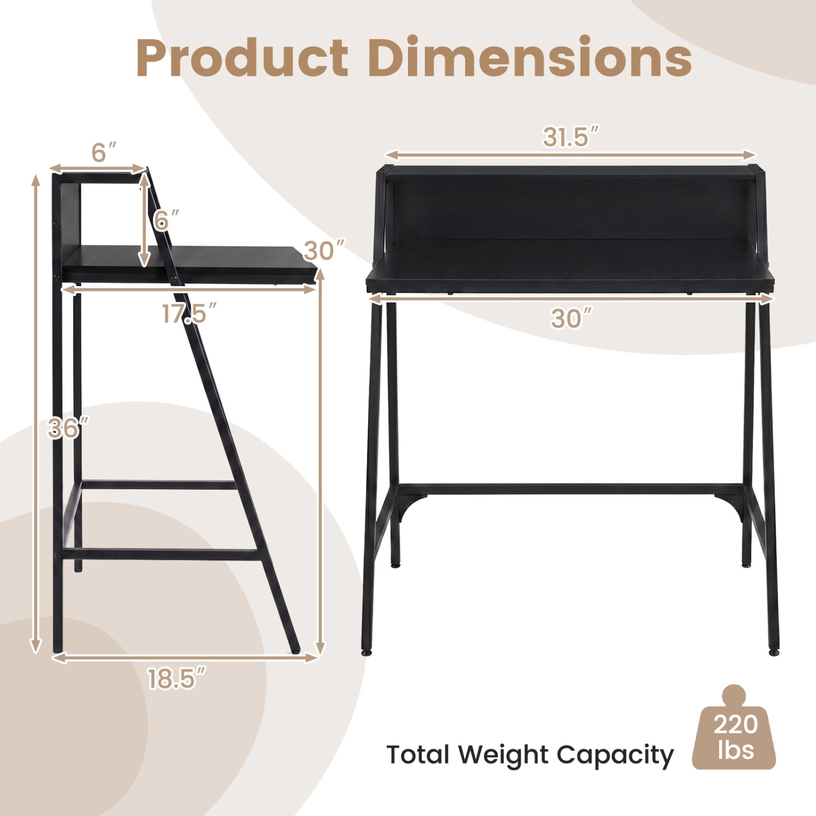 SUGIFT 31.5-in Industrial Writing Desk with Raised Shelf Metal Frame 220-Lb Capacity Rustic Brown/Black Small Desk