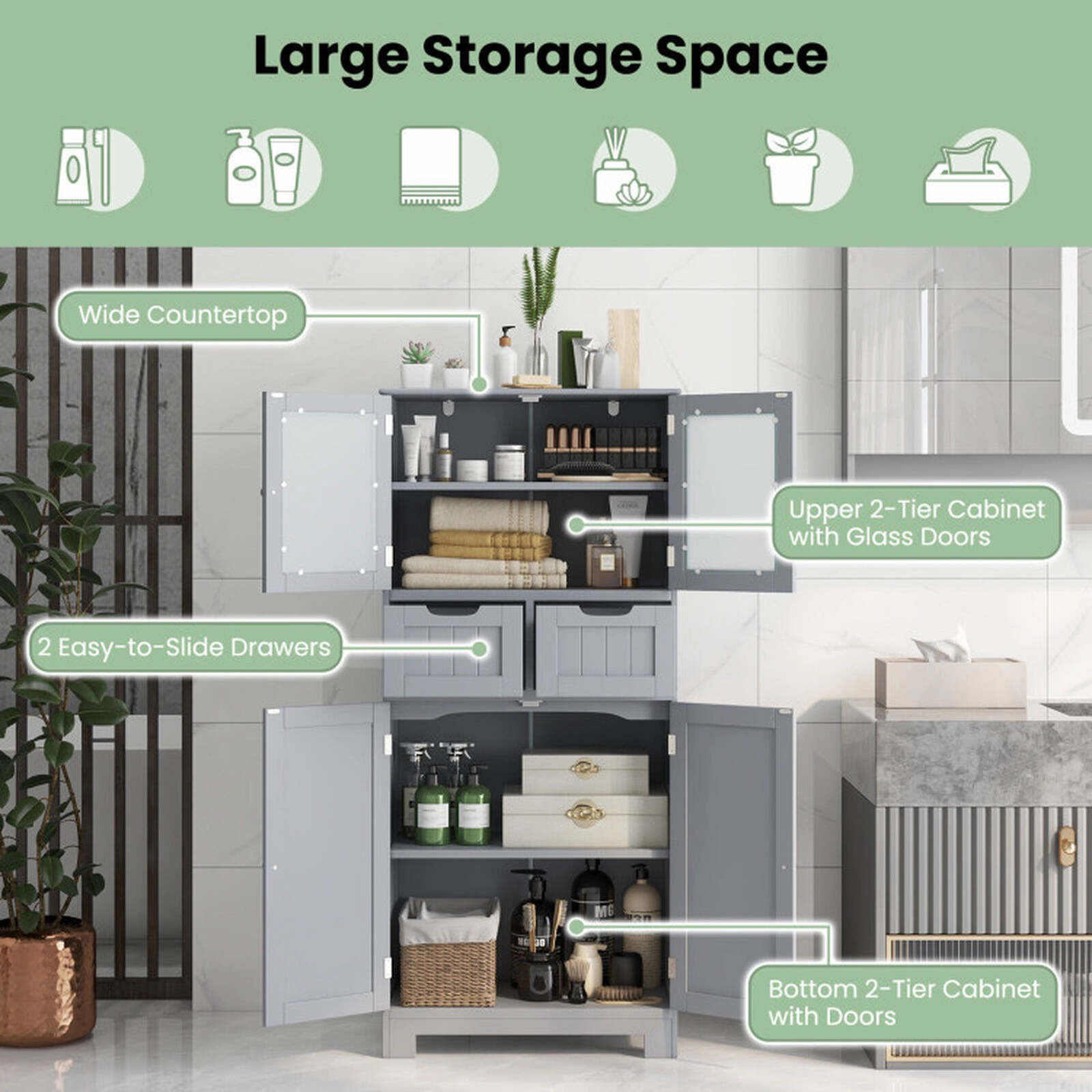 SUGIFT Gray 4-Door 44-lb Top Freestanding Bathroom Storage Cabinet with 2 Drawers and Tempered Glass Doors