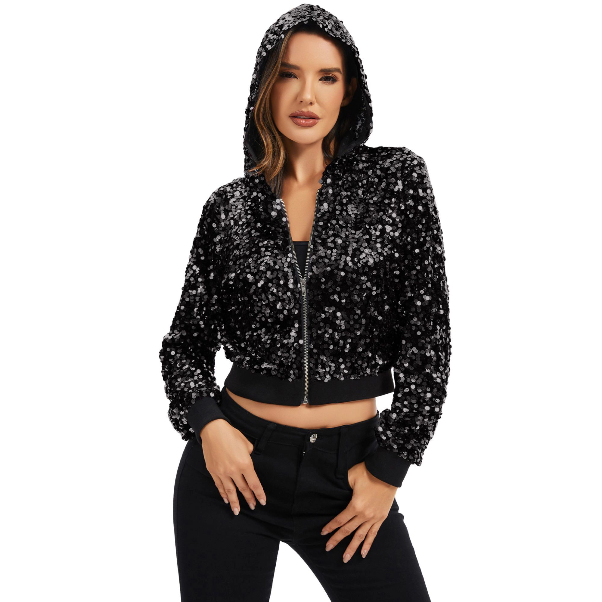 Anna-Kaci Women's Sequin Zip-Up Hooded Jacket with Ribbed Hem and Long Sleeves