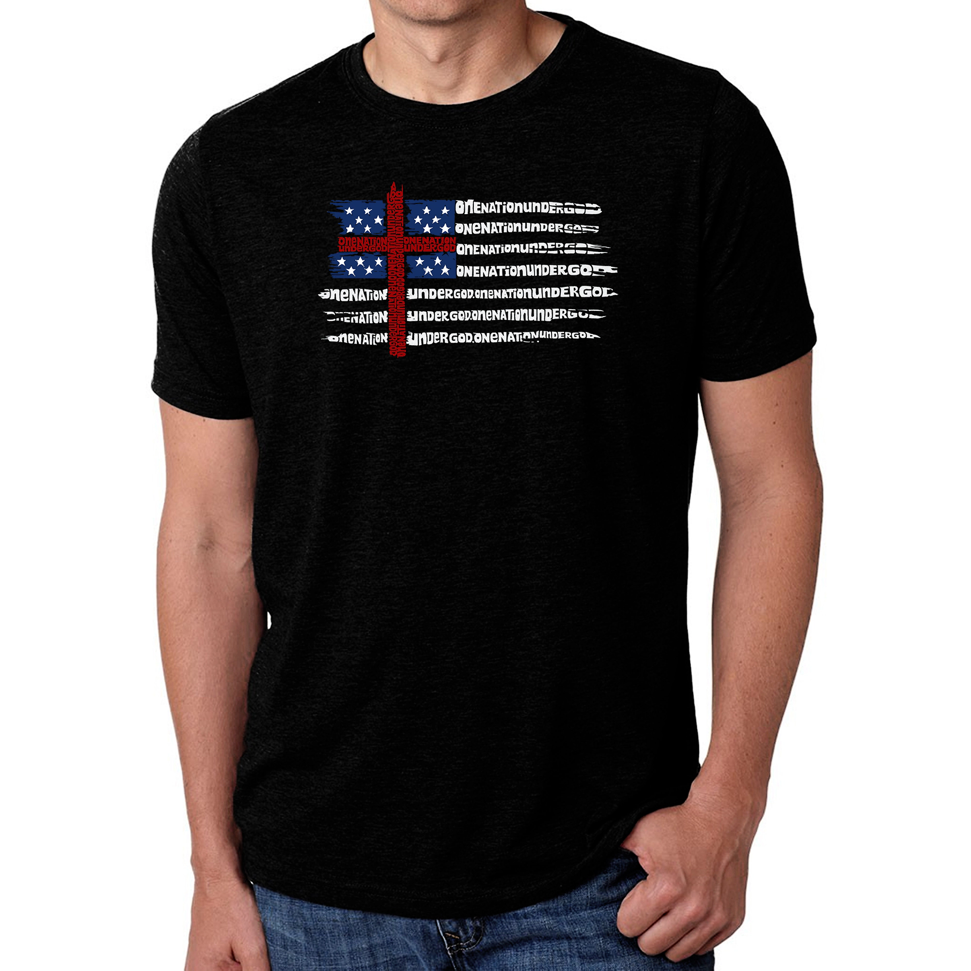 LA Pop Art Men's Cotton-Poly Word T-Shirt - "One Nation Under God" Flag