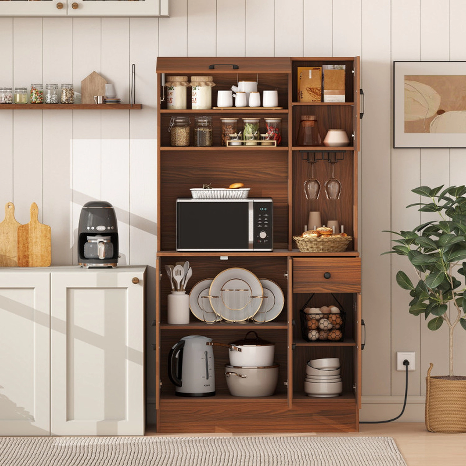 SUGIFT 66-in Pantry Cabinet with Charging Station and Microwave Stand 100-lb Tabletop Capacity Brown
