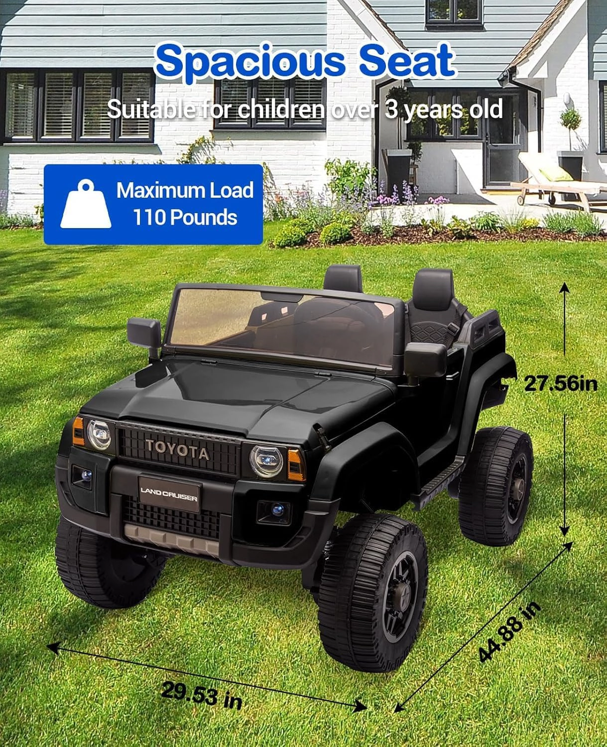 24V Licensed Toyota Land Cruiser Ride-On, 2-Seater 4WD/2WD Switch, Remote Control, LED Lights, Bluetooth, Shovel
