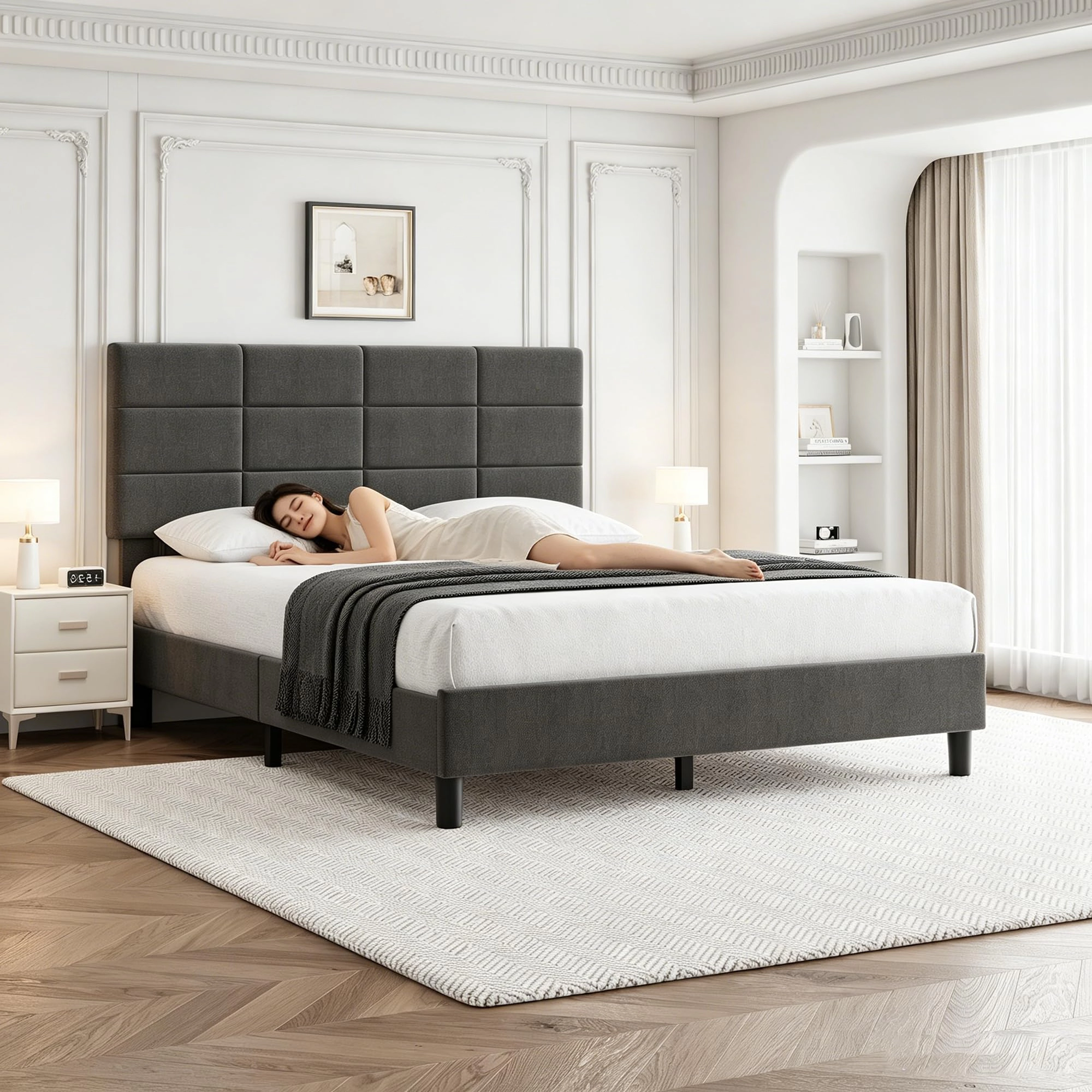 BebreezChic Grey Upholstered Full Bed Frame with Adjustable Headboard