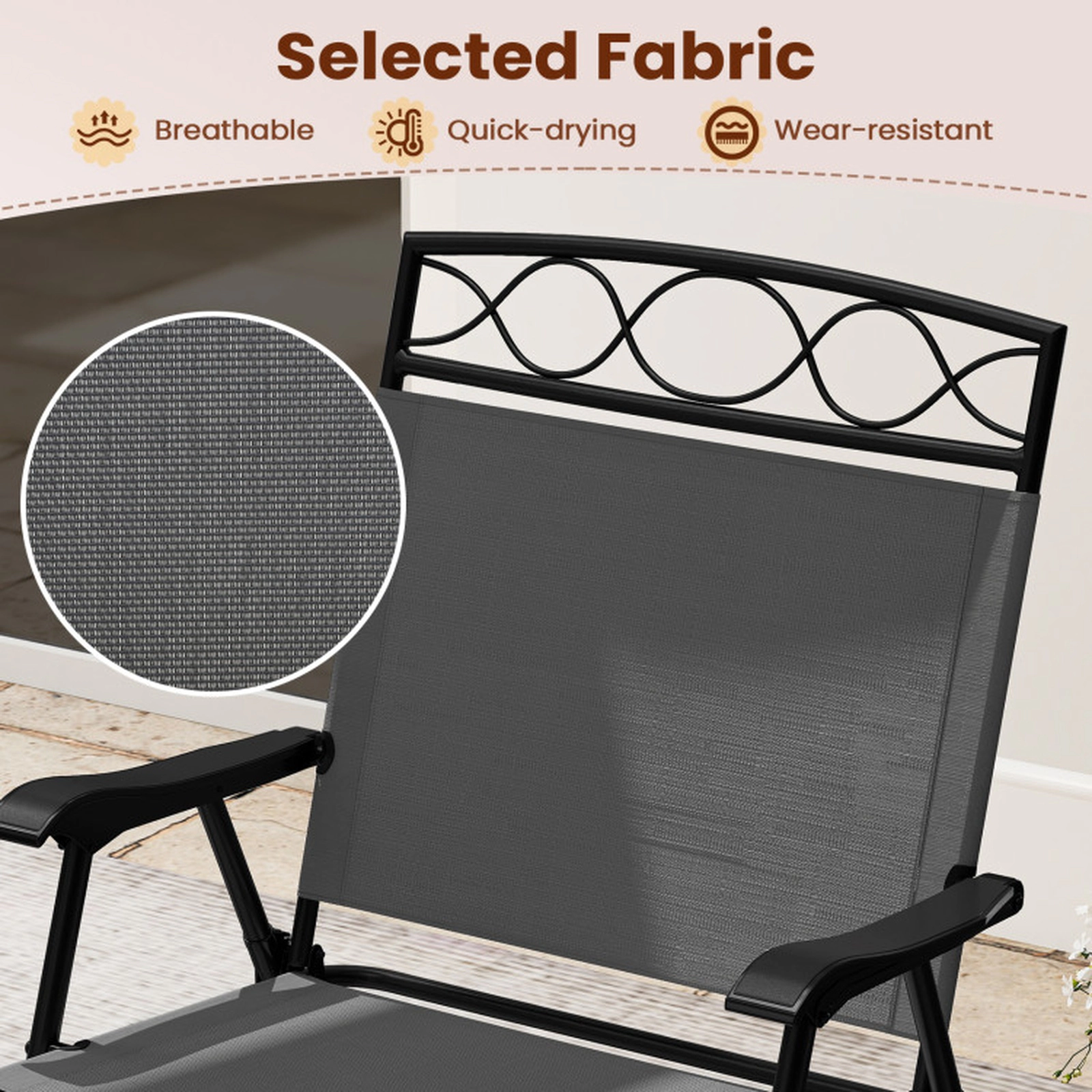 SUGIFT Set of 4 Gray Folding Patio Chairs, Outdoor Sling Seats with Armrests