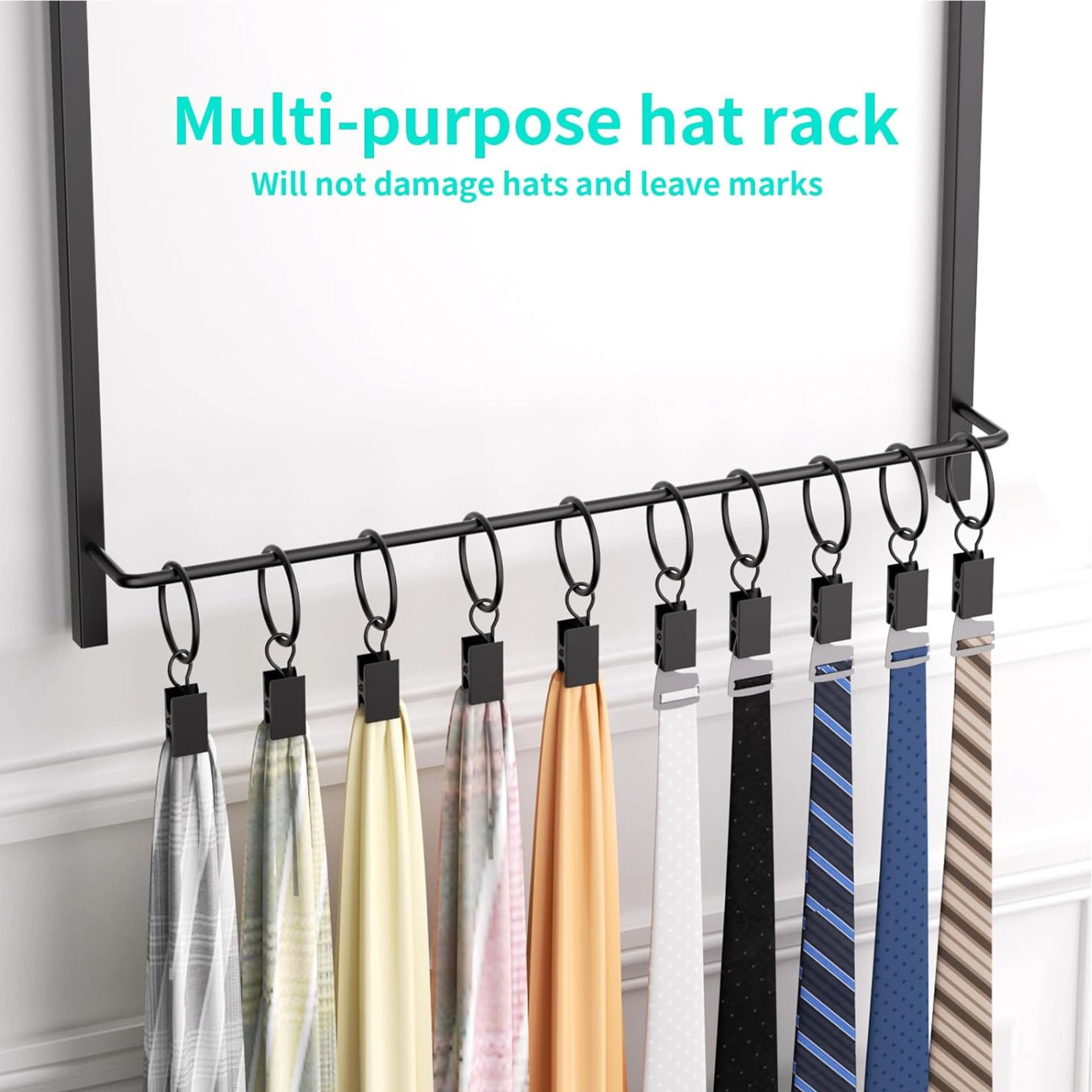 Stock Preferred Over Door Hat Rack Organizer with 16 Hooks and 10 Clips Holds 26 Caps Black