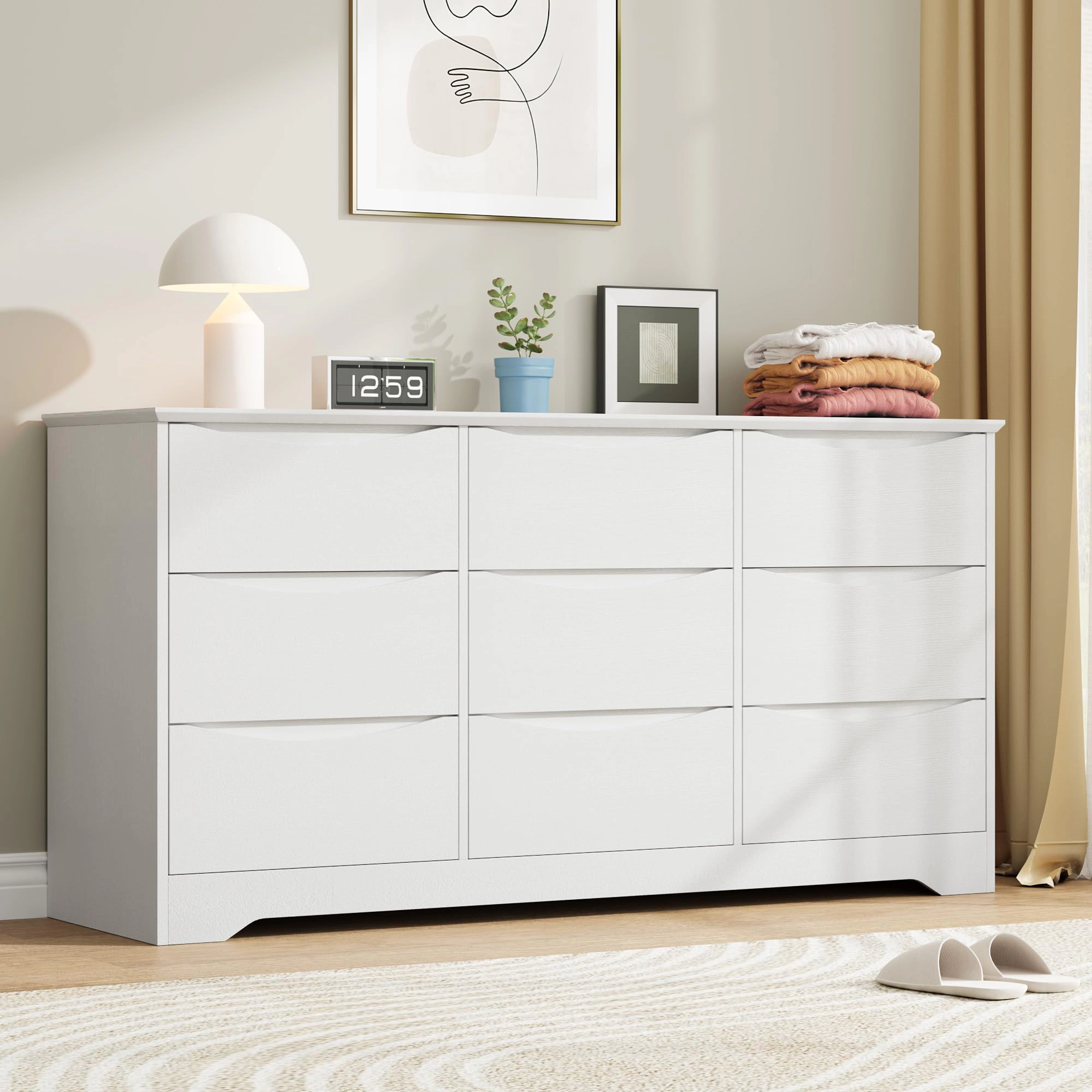 9 Drawer Modern Dresser with Hidden Handles, 59" Wide Large Double Storage Chest for Bedroom Living Room Hallway