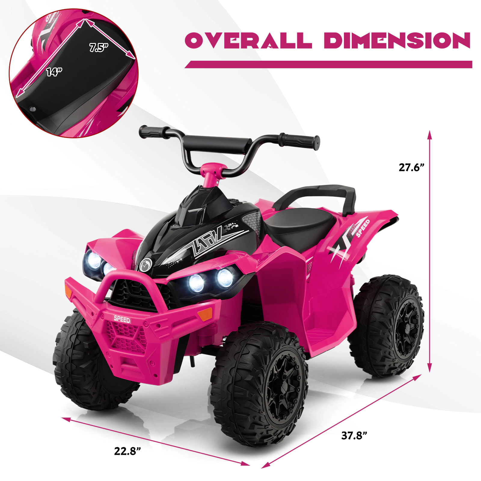 SUGIFT 12V Kids Ride On ATV Pink 4-Wheeler with High Low Speed and Padded Seat